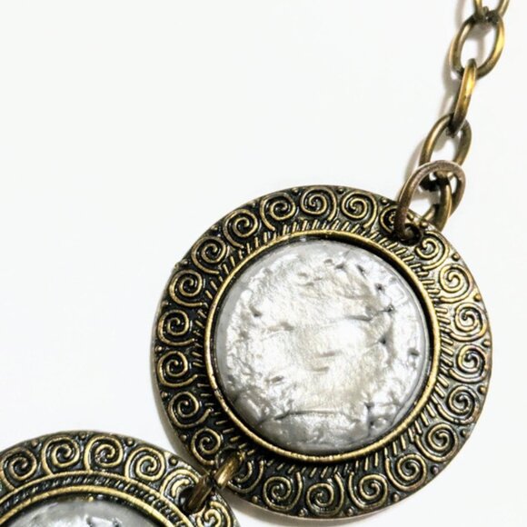 Faux Moonstone 17" Bronze Look Greek Key Trim Necklace, Appr 17" - Picture 3 of 4